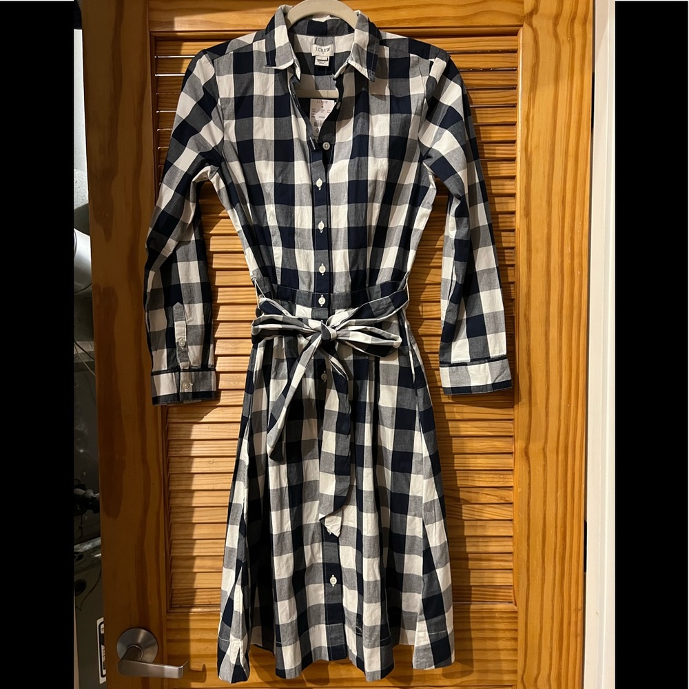 NEw With Tags ✨ Tie-Waist Gingham Poplin Shirtdress in Navy. Size 4.